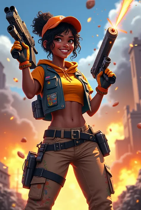 "Raze is a vibrant young woman from Bahia, Brazil, with dark brown skin, a big smile, and her curly hair tied up under her signature orange cap. Her outfit is colorful and practical, featuring a spray-painted vest and cargo pants covered with graffiti-like...