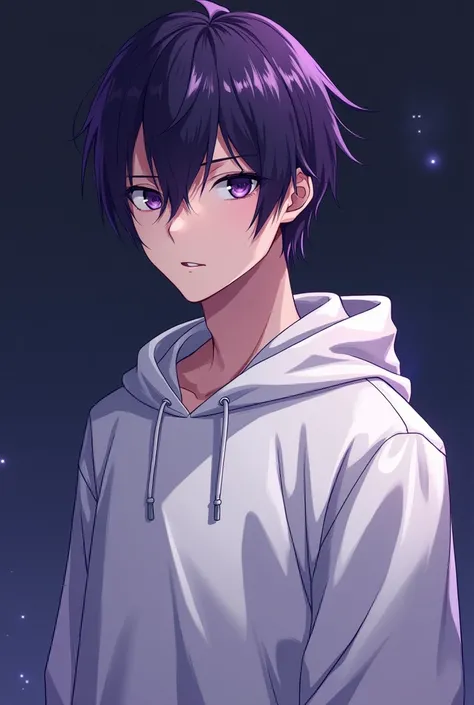   ANIME a young man with dark purple hair like night . his eyes,  of the same intense color as ripe grapes , His tall and athletic figure , around in a white sweatshirt that clung to his muscles, handsome