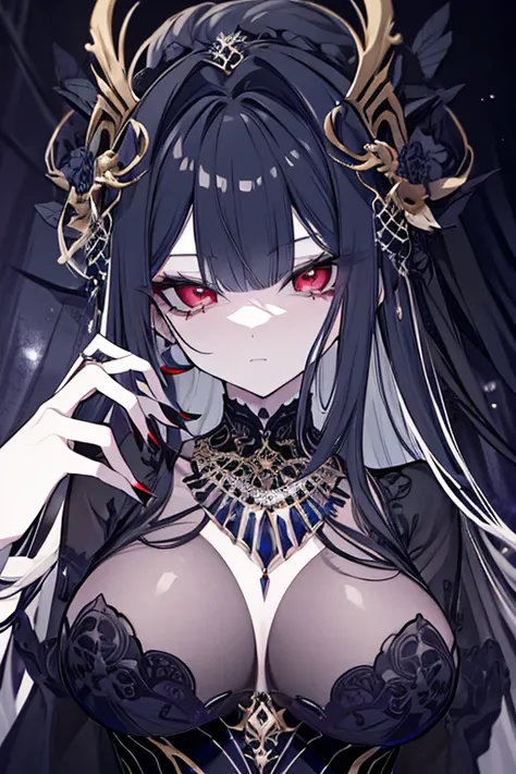 a highly detailed portrait of a female spider queen, her piercing predatory gaze, intricate spider-like facial features, flowing hair resembling spider legs, porcelain skin, elegant aristocratic pose, ornate spider-themed jewelry, dramatic lighting, dark f...