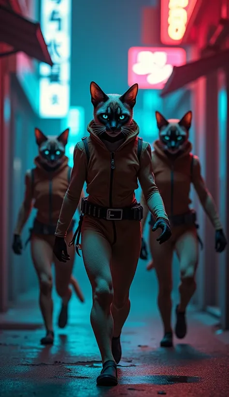 A stealthy gang of three humanoid Siamese cat hybrids with sleek cream-and-brown fur, sharp blue eyes, and pointed ears. Each member has an athletic build and wears matching ninja-style outfits. They prowl through a dimly lit alley glowing with neon signs,...