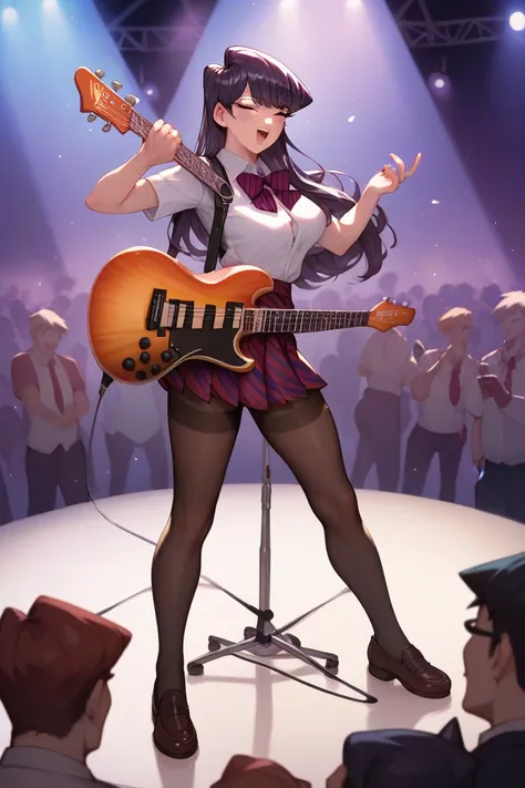 Komi from Komi cant communicate, school uniform with black pantyhose, playing guitar, standing, singing on stage, concert hall, massive crowd of students