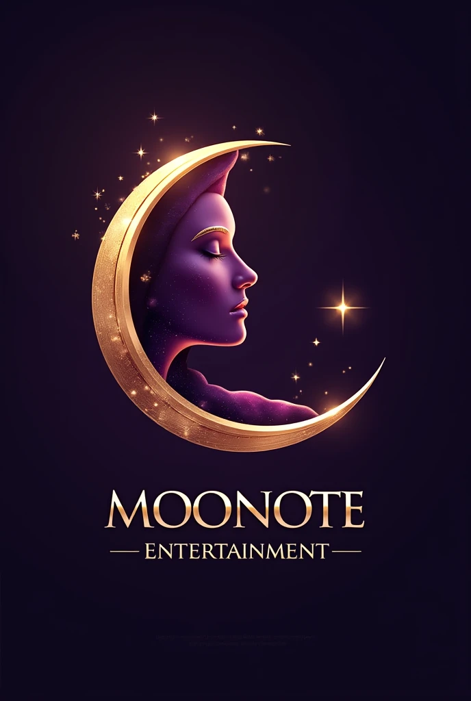 An entertainment company logo, themed in purple and gold, has crescent in it, MooNote Entertainment or MNE, looks fancy and expensive. Under the logo says, "MooNote Entertainment", next to the crescent says "MNE"