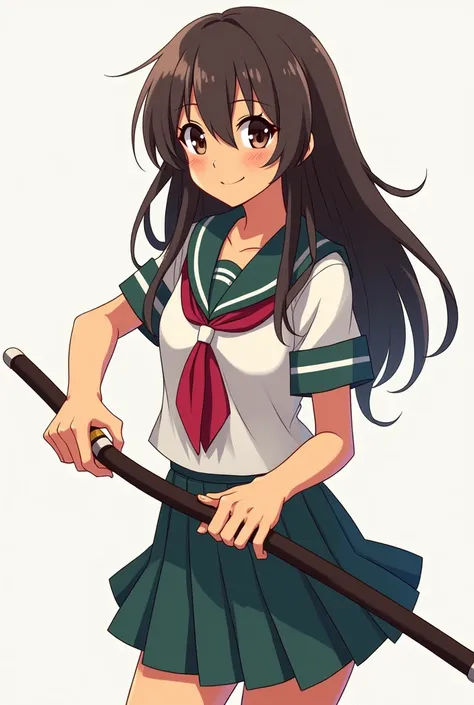 Fullbody, Nationality: Filipino; Hair length: Long; Hair color: Dark brown (Looks black); Eye color: Rich chocolate brown; Skin tone: Light tan (ffcba3); Height: Short; Body type: Teen; Bust size: Medium; Posture: Dual wield combat; Anime girl; Holding Arn...