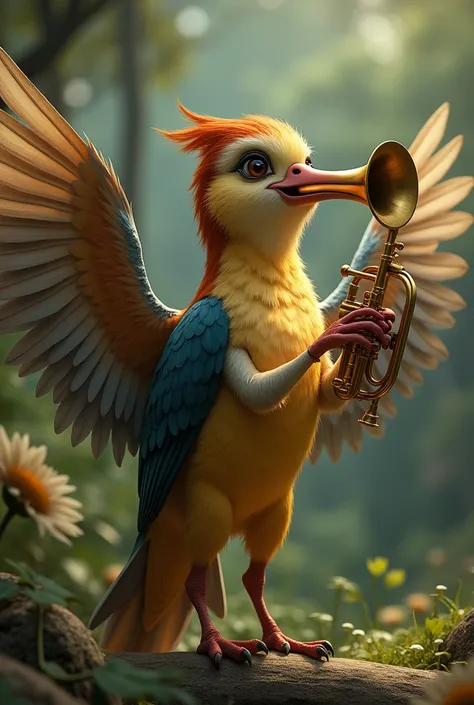 A bird blowing a small trumpet
The wings in the foreground support the instrument
Change hands to wings
Make the wings a little bigger
Make the instrument a little louder
Change the background to nature
realistic bird　 holding a trumpet with its beak
Dont ...