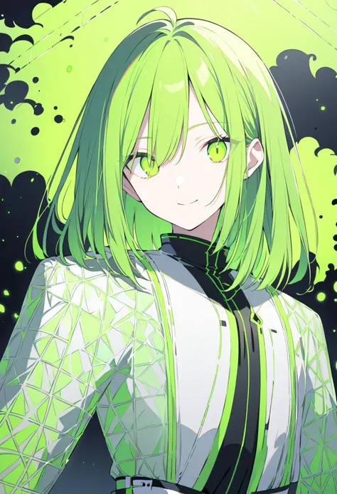 fluorescent green mesh　 straight hair up to the shoulder（Long Bob left cut）　Short Hair　 wont be long　　Heterogeneous eyes　 mysterious　Neutral　For the time being, man 　 simple　Eyes are dark 　Chuunibyou　Suspicious Smile　Clothes are fantasy（Slightly old-fashio...