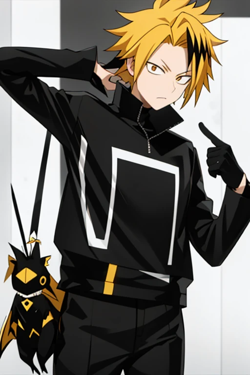   masterpiece  ,   better quality  ,  Lyric, 1 , alone,  male approach,   Looking at the spectator , , Kaminari_thank you, Blonde black hair_ black hair ,  yellow hair ray, villain costume 