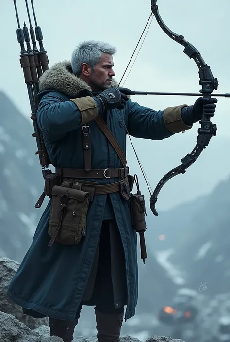 "Sova is a stoic Russian man with short silver hair and sharp blue eyes, a scar running diagonally across his face, symbolizing his relentless dedication to the hunt. He wears a thick, fur-lined coat over combat gear, blending modern tech with traditional ...