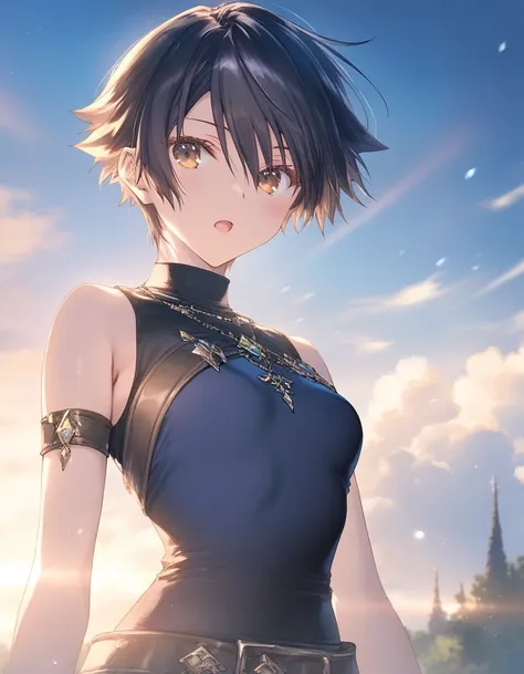 1girl, tomboy, little female, small breasts, beautiful detailed eyes,open mouth, outdoors,wind, fantasy, game CG, break,(artist:mitsumi_misato),artist:fujiyama,artist:suzumori, break,(masterpiece), (best quality), (ultra-detailed),(Detailed Lighting), very...