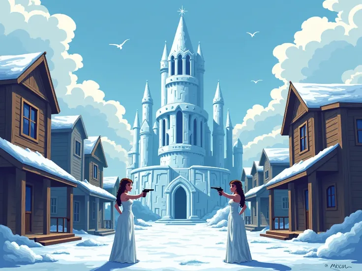 ((pixel art)), a kingdom made entire of ice styled after a ghost town in the Wild West mixed with medieval castles, the frosty ice queen (with a thin waist, voluptuous chest, and plunging neckline) watches from her tower, two well-endowed snowwomen face of...