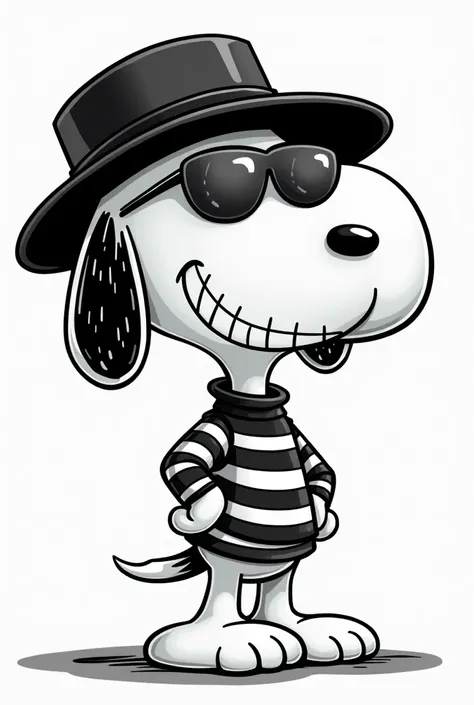 Snoppy gangster en caricatyra blanco y negro que se vea amigable