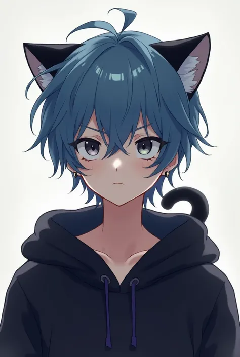 An anime man,  short hair,  blue and messy with only a small ponytail behind , wears earrings, She has gray eyes ,  wears fictional black cat ears and wears a black hoodie A MAN A MAN A MAN A MAN NOT A WOMAN A MAN A MAN SERIOUS ros Square face Menacing fac...