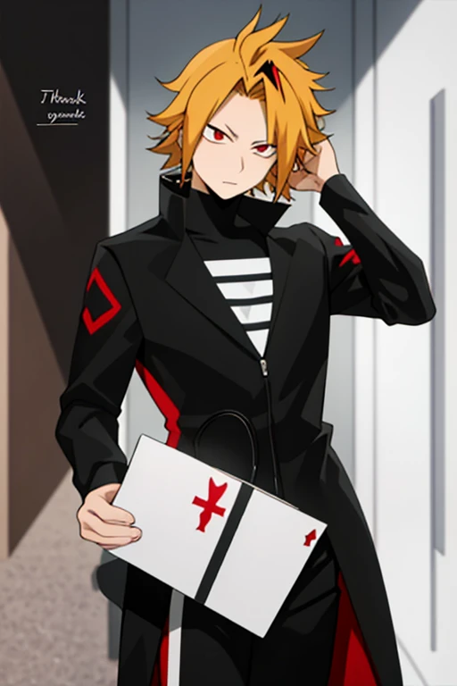   masterpiece  ,   better quality  ,  Lyric, 1 , alone,  male approach,   Looking at the spectator , , Kaminari_thank you, Blonde black hair_ black hair , Red Eyes villain costume