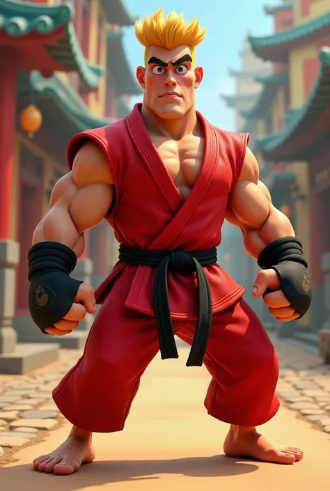 a well-built blond man with blue eyes, bushy eyebrows, and an iconic high flat top hairstyle wearing a red gi with the sleeves ripped off, black hand and foot guards, and a black martial arts belt in pixar style 