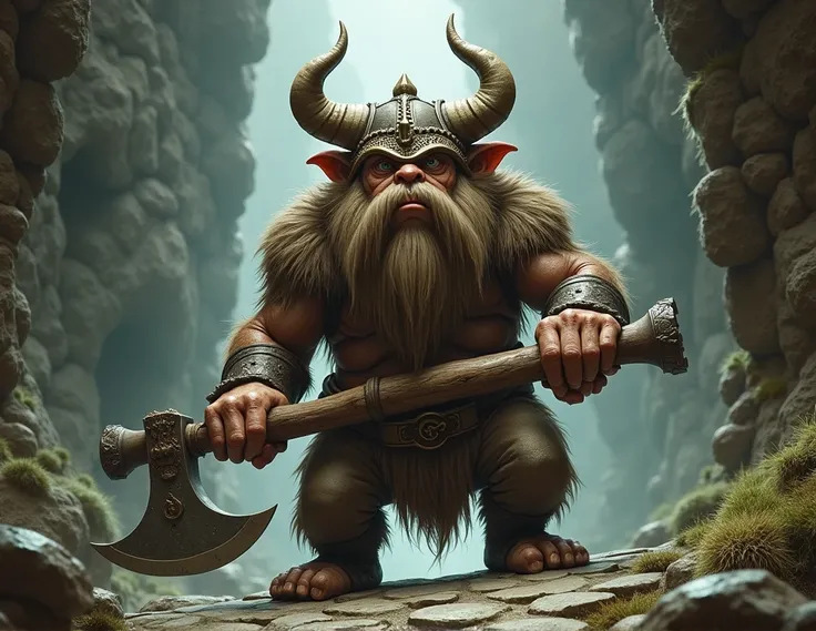 Hoggle from the labyrinth holding an axe and wearing a horned helmet