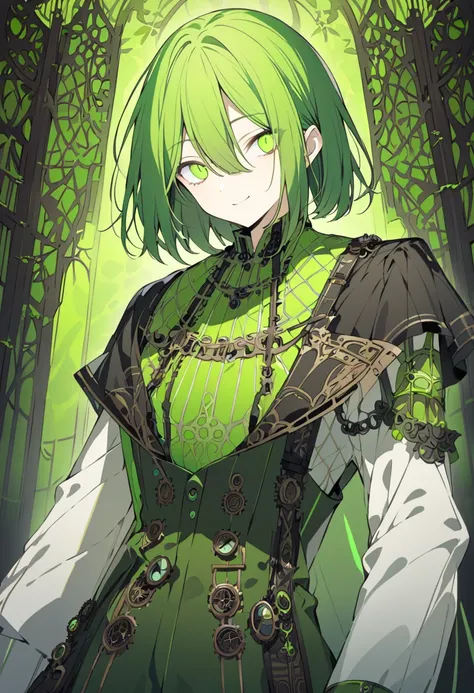 fluorescent green mesh　 straight hair up to the shoulder（Long Bob left cut）　Short Hair　 wont be long　　Heterogeneous eyes　 mysterious　Neutral　For the time being, man 　 simple　Eyes are dark 　Chuunibyou　Suspicious Smile　Clothes are fantasy（Slightly old-fashio...