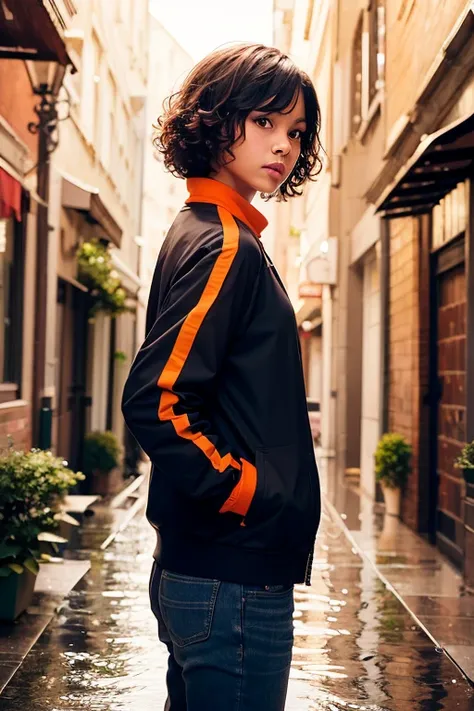 One girl, .Slender figure.Tanned skin color.The eyes of a dark brown color.(Hair curly, black).(From Side), Hands in Pockets, Jacket, Orange Jacket, Orange Pants, Parted Lips, Rain, Trembling, Wet, Wet Clothes, Wet Hair.Impressionism, Portrait, Scene, Char...