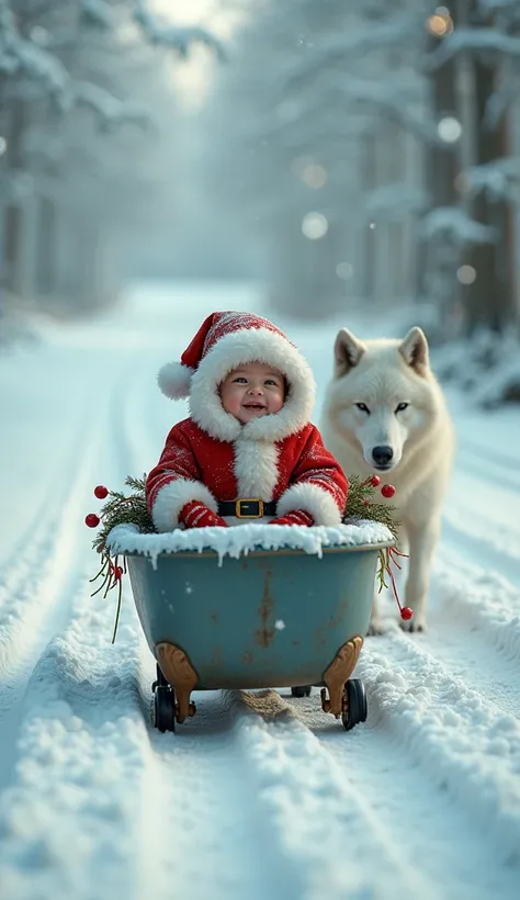 A baby dressed as Santa Claus driving an old bathtub with wheels being pulled by a white wolf on a snowy road
