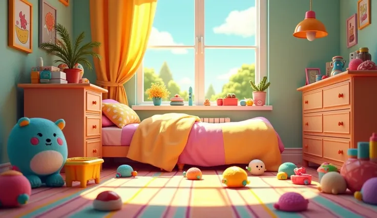 A s room , With discarded toys and cheerful colors, the day is sunny