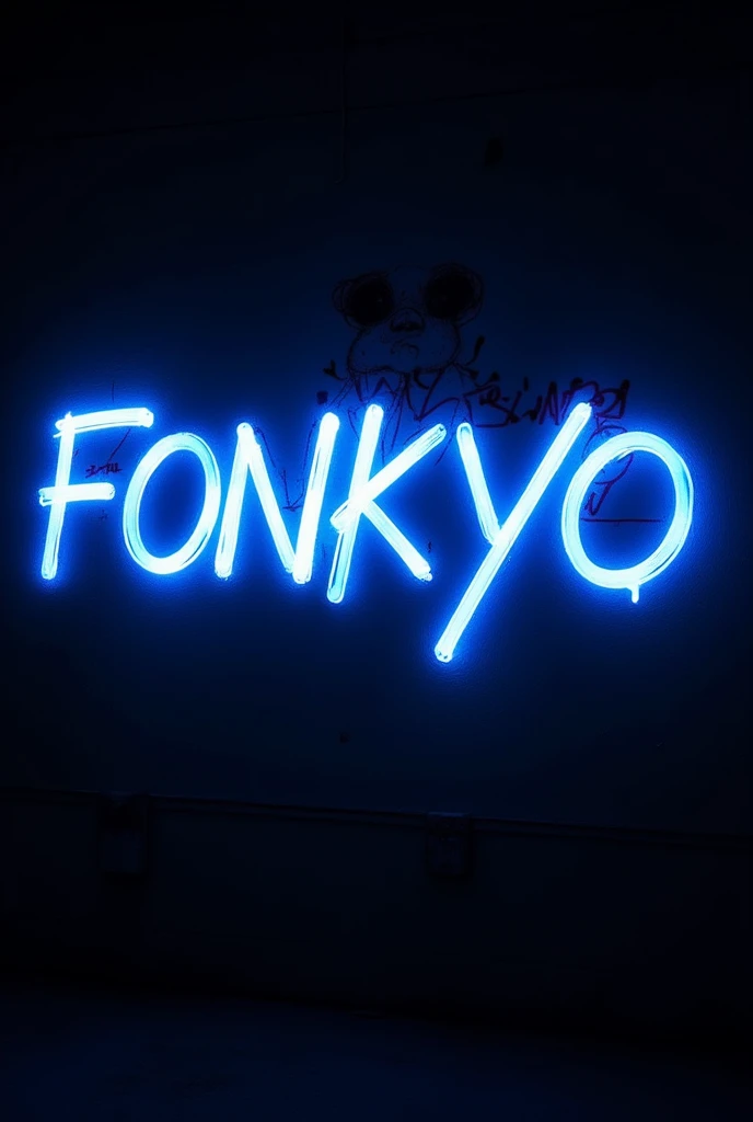 ( Blue fluorescent graffiti that reads "FONKYO  :2.0)， inner，Fluorescent lighting， (Darkness enveloped,  black background , shadow, extreme darkness, Dark atmosphere：3.0),wall background， black background ，Silhouette，shadow，extreme darkness， Minimalist gra...