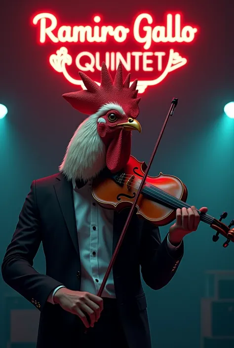 Modern and realistic image of a violinist with the head of a rooster and behind a sign with lights that says:
Ramiro Gallo 
QUINTET 