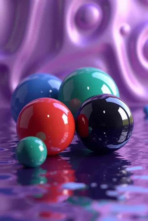 A close-up digital artwork featuring four glossy, vibrant spheres in red, green, black, and blue. The spheres are evenly spaced, floating above or resting on a textured, abstract purple background with wave-like or organic patterns. The scene has a reflect...