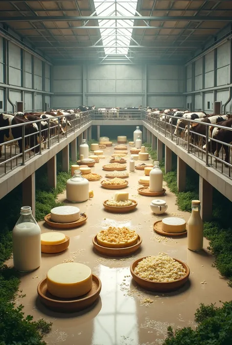  dairy industry with cows and products and industrial machines with cows and dairy products inside , realistic image of farm , dairy products and inside the factory by sections and in a concrete way each space I mentioned with green areas and final product...