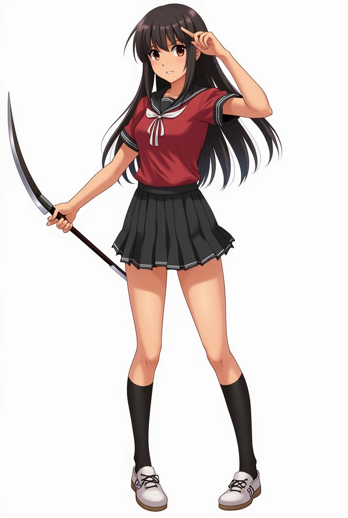 Fullbody, Nationality: Filipino; Hair length: Long; Hair color: Dark brown (Looks black); Eye color: Rich chocolate brown; Skin tone: Light tan (ffcba3); Height: Short; Body type: Teen; Bust size: Medium; Posture: Dual wield combat; Anime girl; Holding Arn...