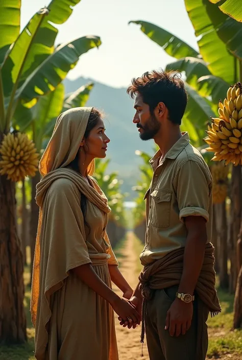 You can generate an image where a peasant woman from the mountains is interacting with a young worker at a banana plantation on the coast (Let the bananas be seen 