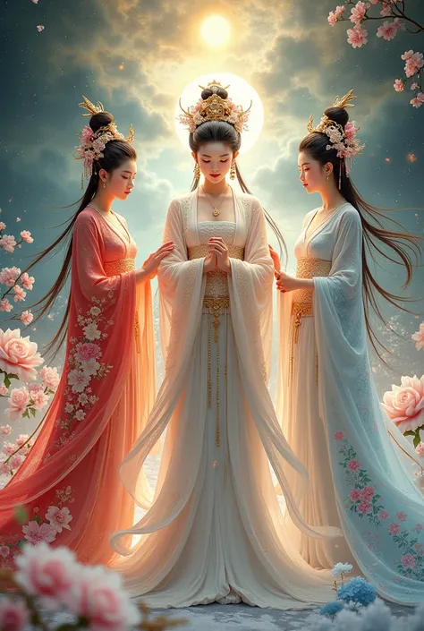 A group of Ancient Chinese goddesses of flower, ice and snow, flame and light. They wearing Chinese traditional outfits that match their goddess power 