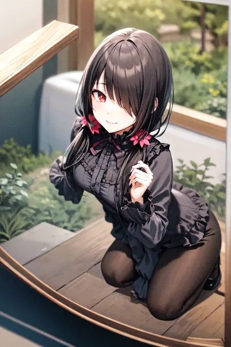 1girl, solo, kneeling, seiza, cckurumi, long hair, low twintails, hair flower, hair over one eye, hair bow, gothic, black dress, ribbon, pantyhose, slippers, sitting, smile, looking at viewer, leaning forward, indoors, living room, television, window, plan...