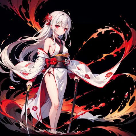 A girl in a kimono standing with a Japanese sword,  medium length of gray hair, red eyes,  red lips, A kimono with a red spider lily on a black background,  red splash pattern on black background,  stone open-air bath surrounded by very high quality , Ultr...