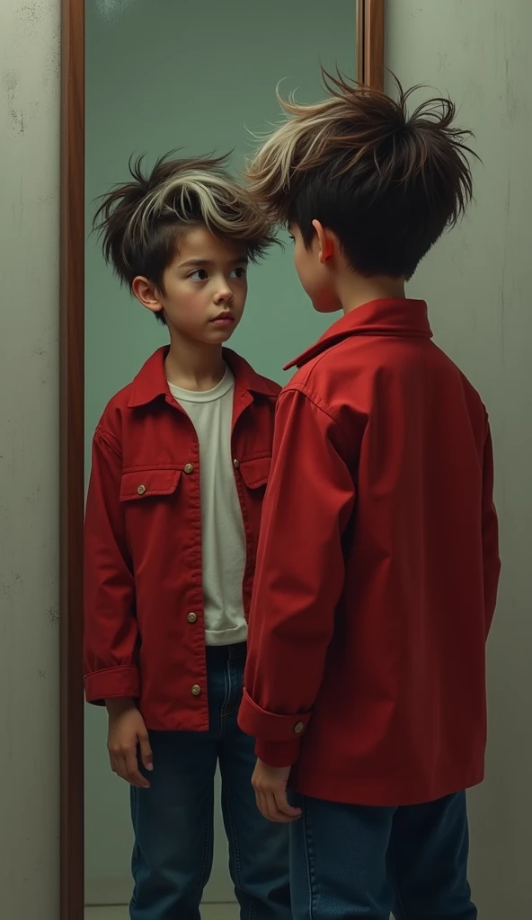 GENERATE AN IMAGE WITH A TEENAGE BOY WITH BROWN WHITE HAIR, RED COAT AND BLUE JEANS, LOOKING IN A MIRROR CONFUSED AS TO WHETHER IT IS LOVE OR FEAR OF BEING ALONE