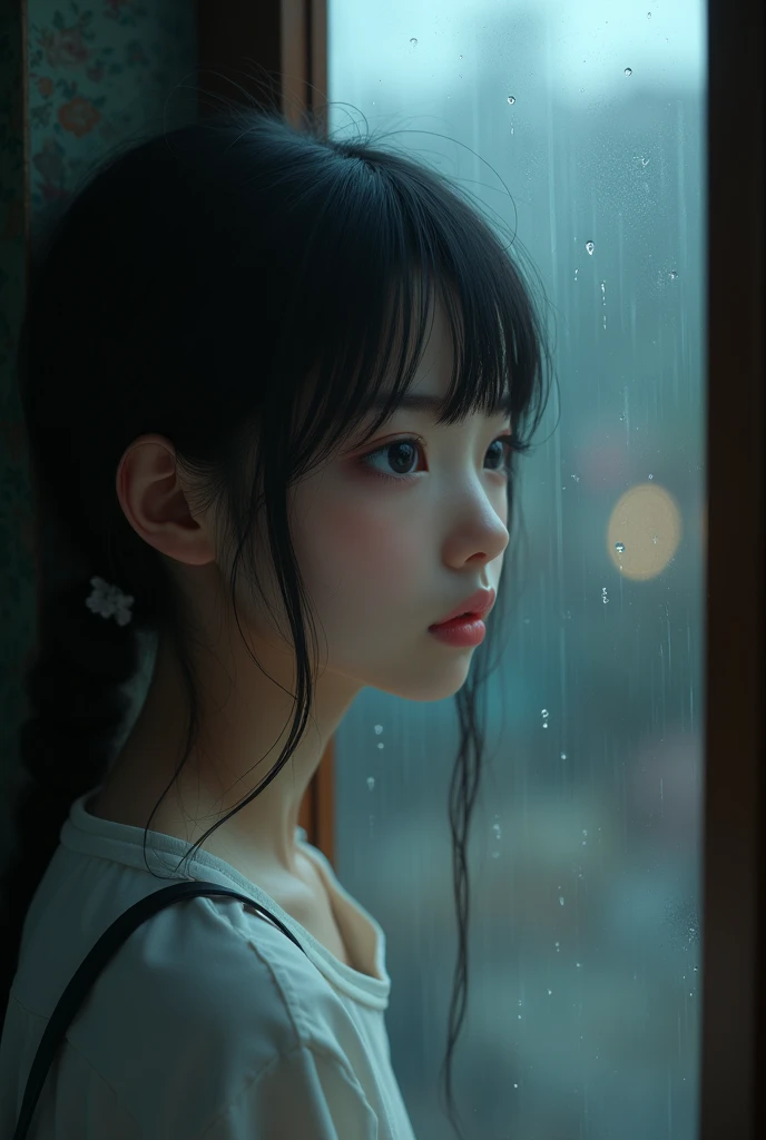 an asian girl is longing behind the rain