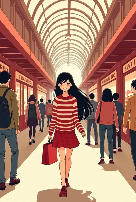 A bustling urban shopping street scene depicted in a two-tone red and cream color palette, inspired by manga-style illustrations. The foreground features a young woman with long black hair wearing a red and white striped sweater and a knee-length red skirt...