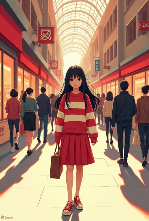 A bustling urban shopping street scene depicted in a two-tone red and cream color palette, inspired by manga-style illustrations. The foreground features a young woman with long black hair wearing a red and white striped sweater and a knee-length red skirt...