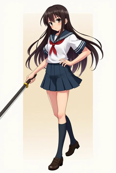 Fullbody, Nationality: Filipino; Hair length: Long; Hair color: Dark brown (Looks black); Eye color: Rich chocolate brown; Skin tone: Light tan (ffcba3); Height: Short; Body type: Teen; Bust size: Medium; Posture: Dual wield combat; Anime girl; Holding Arn...