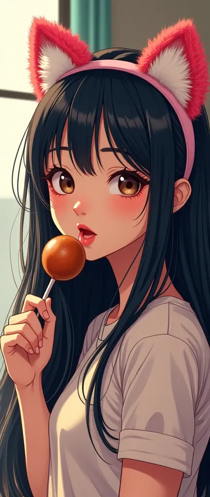  young woman ， long black hair ， wearing a plush cat ear headband，Holding a brown lollipop ， comic style，Indoor background。