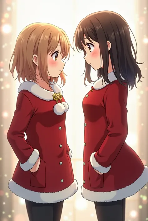  generates an image where two people appear ,  a boy and a girl ,  the boy has short hair ,  the girl with long and medium bust size , both wear Christmas clothes ,  the pose is the same for both but reflected from the other, in anime style