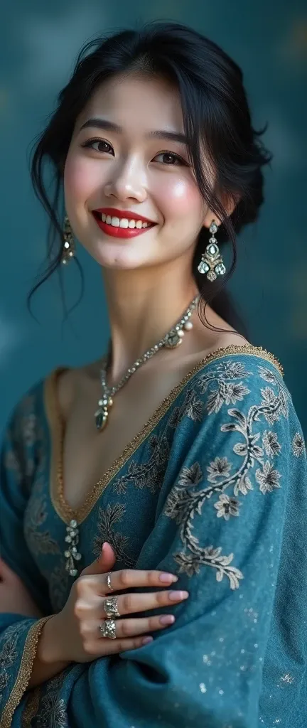  young woman ，Black hair， red lips， fair skin，Smiling and happy ， wearing ethnic earrings and rings ， wearing traditional costumes with patterns， wearing a dark blue shawl 。 atmosphere under the stars，Healing，grace，Intellectual， mature，Fashion，classical。 w...