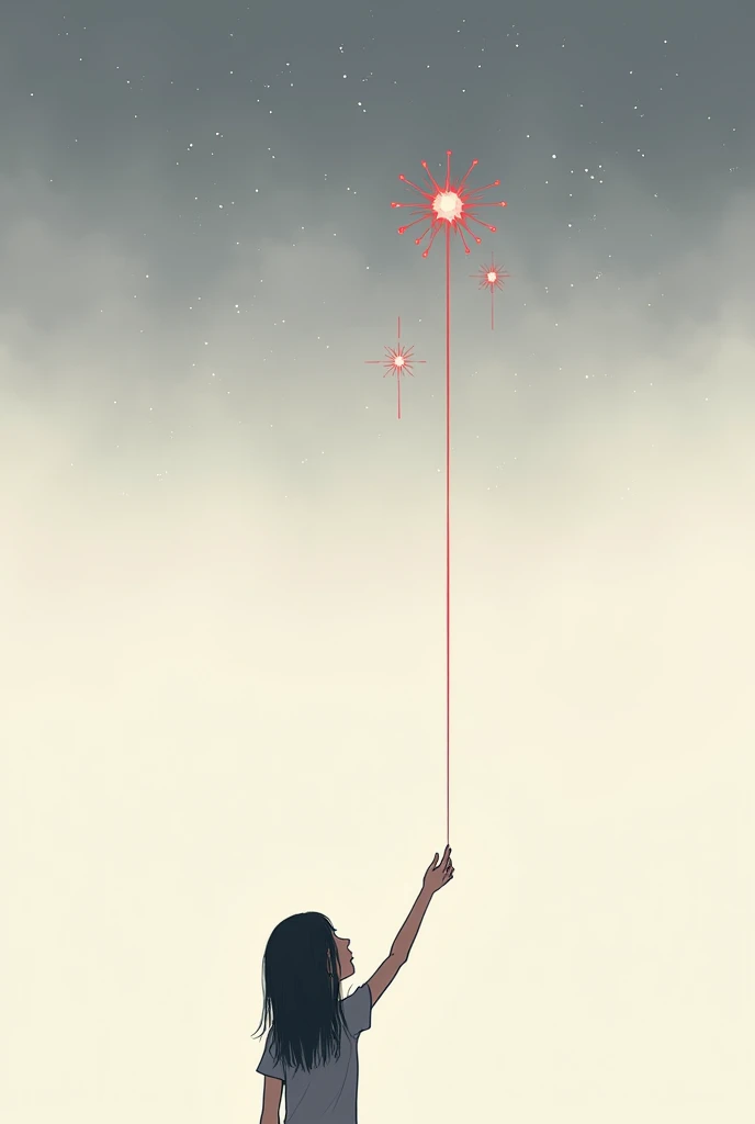 I need a minimalist drawing in which a girl appears with her back looking at the sky and holding a red thread with her right hand extended and at the other end of the red thread there are two stars