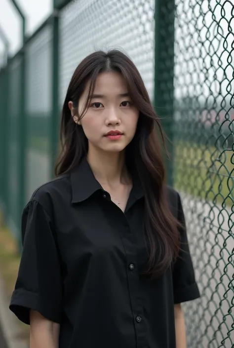 Close up of a woman wearing a black shirt with long hair,  Kim Jung-hui standing in front of a fence with a camera  , instagram,  what is it ?, Nam Jaehyun, Lee Ji-eun, Lee Ji-eun, Hyunhwa Choi, jimin park, Shin Min-jeong,  BLACKPINK Jenny, Kwak Ji-young, ...