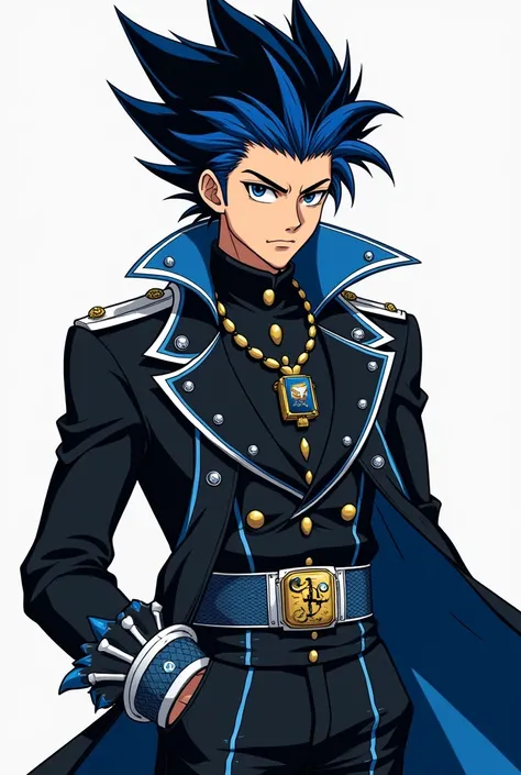 In the style of JoJos Bizarre Adventure: a young Japanese man with spiky black hair with blue tips and a serious look on his face,  wearing clothes that recall the aesthetics of the 2000s , black and with blue and white details , the image shows him full b...