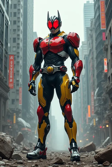 A kamen rider cyborg. Cybernetic. Mainly red, black, yellow and white colors. Handsome, tall and handsome. Futuristic background. Cyberpunk effects. Very detailed. High-resolution. High illustration. Hyperrealistic. Hyperrealism. Very Ultra-detailed. Maste...