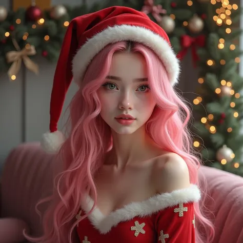  Beautiful white girl with pink hair wearing a red Santa Cross winter dress with a Santa Cross hat, Christmas and homely atmosphere 