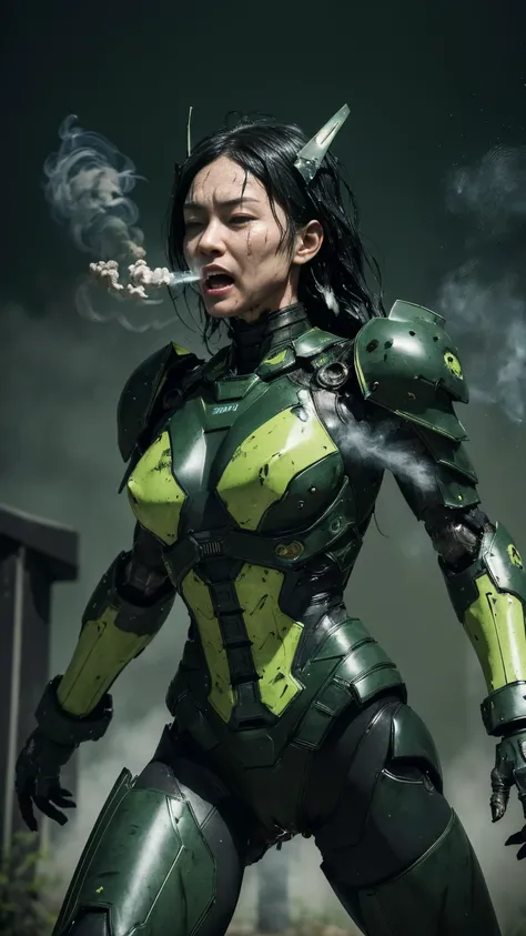 ,      very detailed ,   Cemetery details      ,   high image quality , 最  high image quality ,    1080P 、   full body green female warmachine 、 smoke coming out of the wound 　、    Face dressed in green and black    {x}    steam is coming out of the body f...