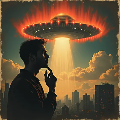 Question in doubt , with a UFO poster background