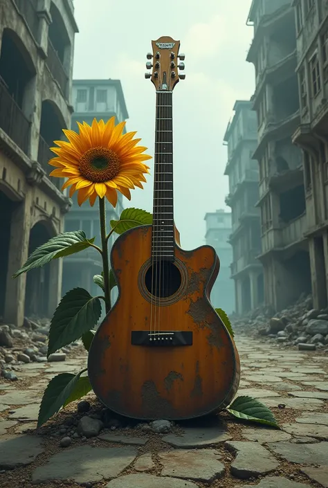 Create a cover for a musical album where there is a destroyed and sad place but where there is a guitar and a sunflower that brings life to the cover


