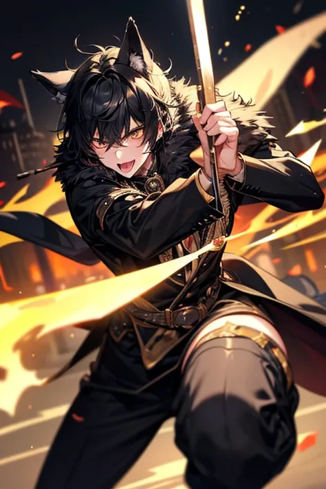  wolf cut,  black hair,  stick out of the screen, Front blur,  blurred background ,  Dutch angle,  golden eyes,  sticks out his tongue , 