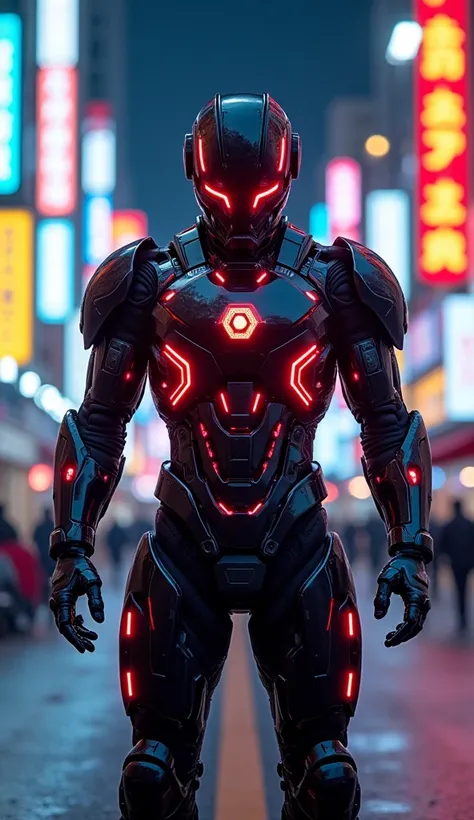 Generate a photo front image of a futuristic science fiction technological armor soldier (Best Quality) full body, neon lights on the suit, neon lights on the front, in the background a night and bright Japanese city