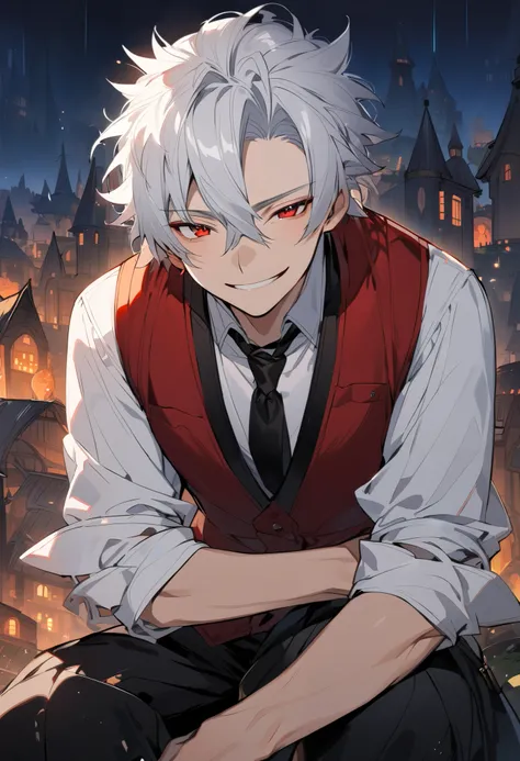 Solo male, fantasy, 20 year old, smiling, sleepy expression, white hair, hair spiked up, red eyes, white button-up shirt with rolled sleeves, red vest, black tie, black dress pants, village background, nighttime